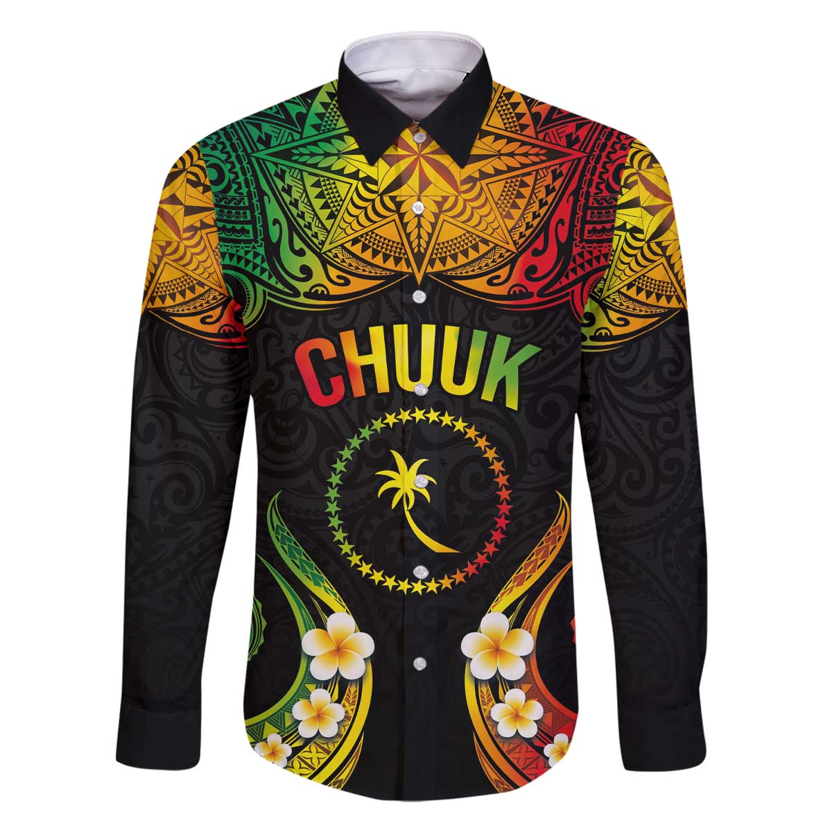 Personalised Chuuk Independence Day Family Matching Off The Shoulder Long Sleeve Dress and Hawaiian Shirt Polynesian Tattoo and Plumeria Reggae Color