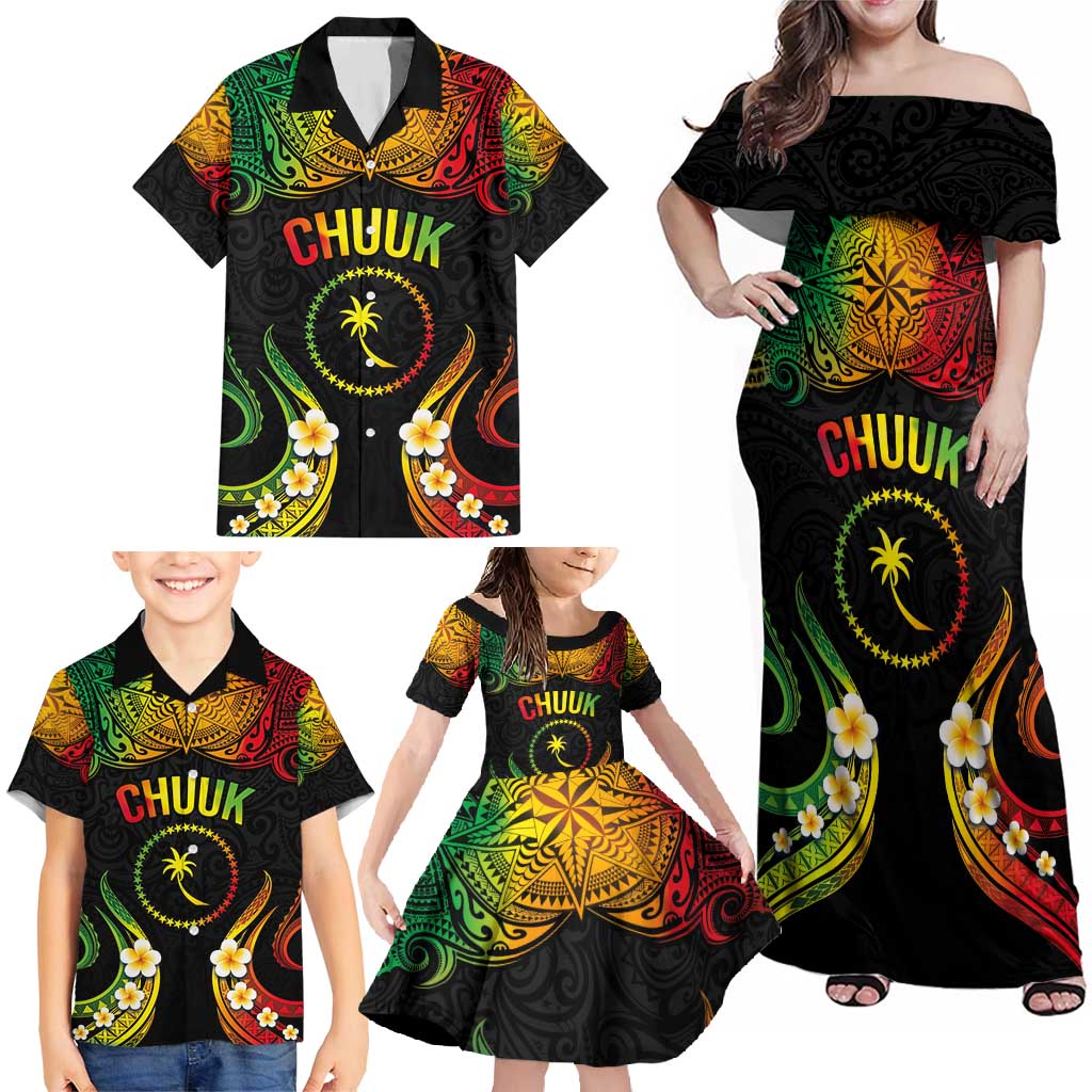 Personalised Chuuk Independence Day Family Matching Off Shoulder Maxi Dress and Hawaiian Shirt Polynesian Tattoo and Plumeria Reggae Color