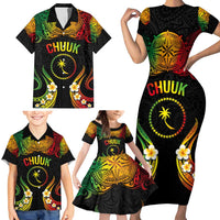 Personalised Chuuk Independence Day Family Matching Short Sleeve Bodycon Dress and Hawaiian Shirt Polynesian Tattoo and Plumeria Reggae Color