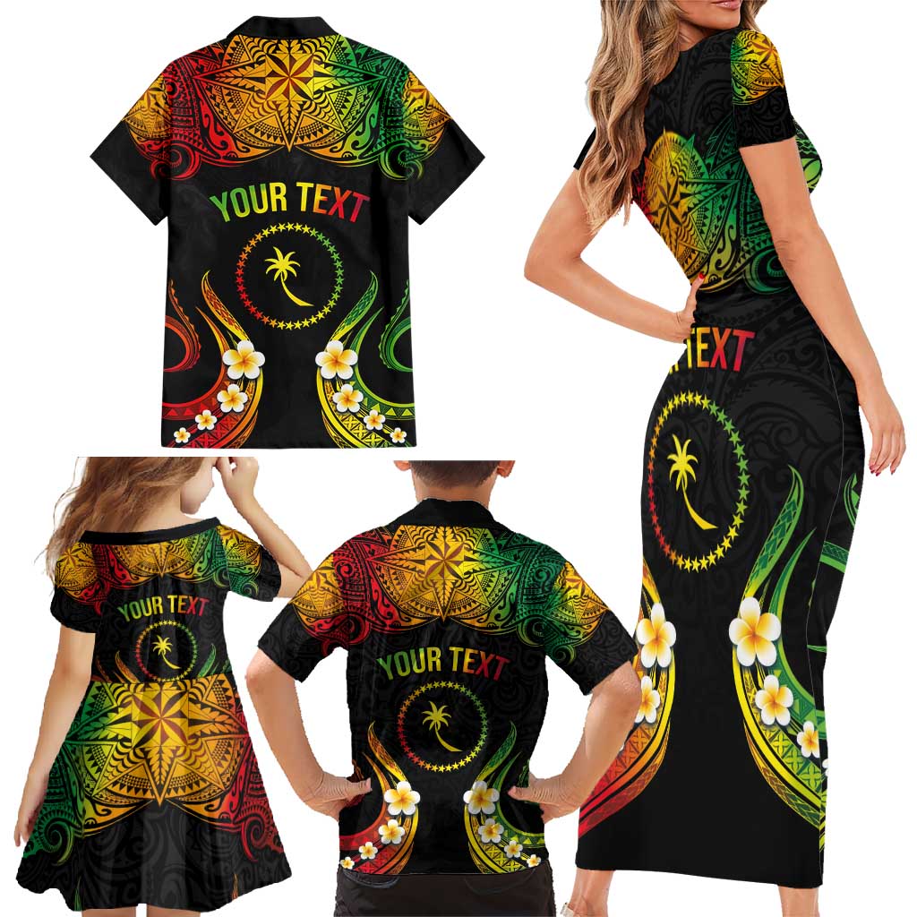 Personalised Chuuk Independence Day Family Matching Short Sleeve Bodycon Dress and Hawaiian Shirt Polynesian Tattoo and Plumeria Reggae Color
