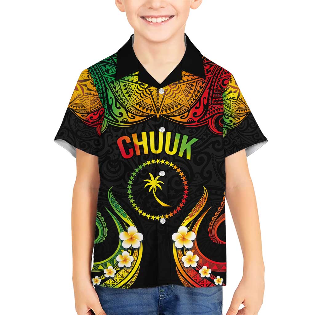 Personalised Chuuk Independence Day Family Matching Short Sleeve Bodycon Dress and Hawaiian Shirt Polynesian Tattoo and Plumeria Reggae Color