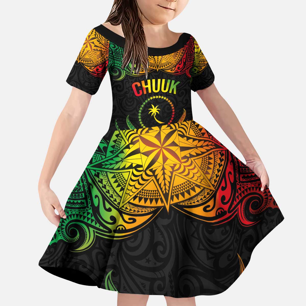 Personalised Chuuk Independence Day Kid Short Sleeve Dress Polynesian Tattoo and Plumeria Reggae Color