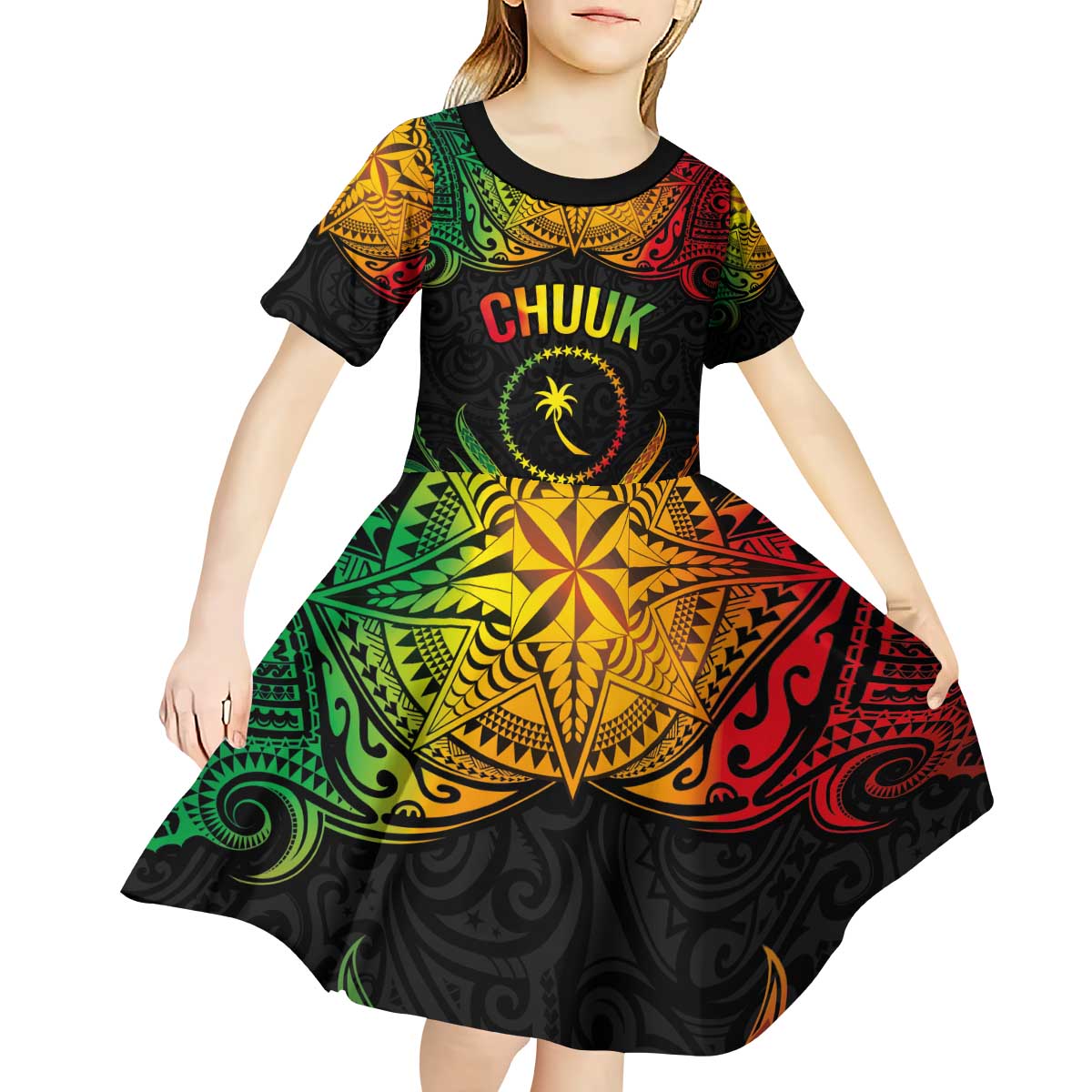 Personalised Chuuk Independence Day Kid Short Sleeve Dress Polynesian Tattoo and Plumeria Reggae Color