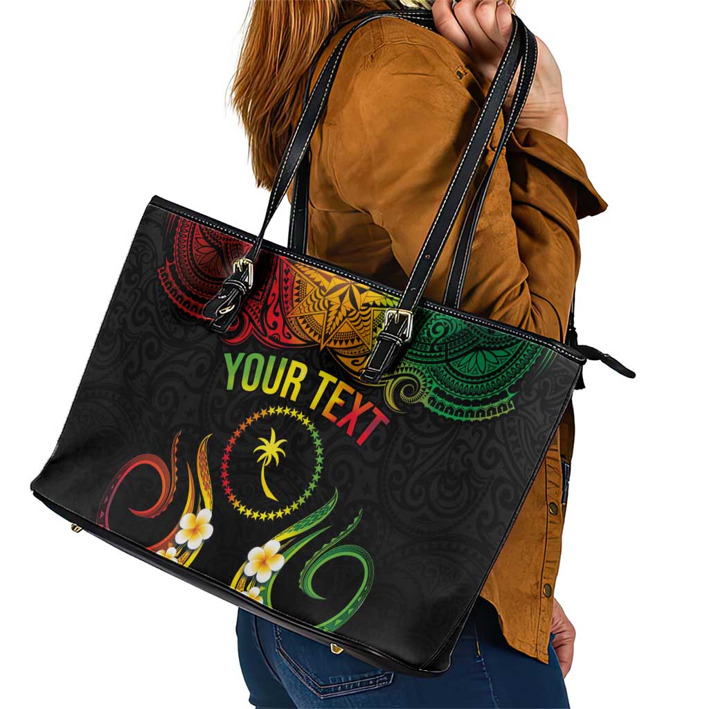 Personalised Chuuk Independence Day Leather Tote Bag Polynesian Tattoo and Plumeria Reggae Color