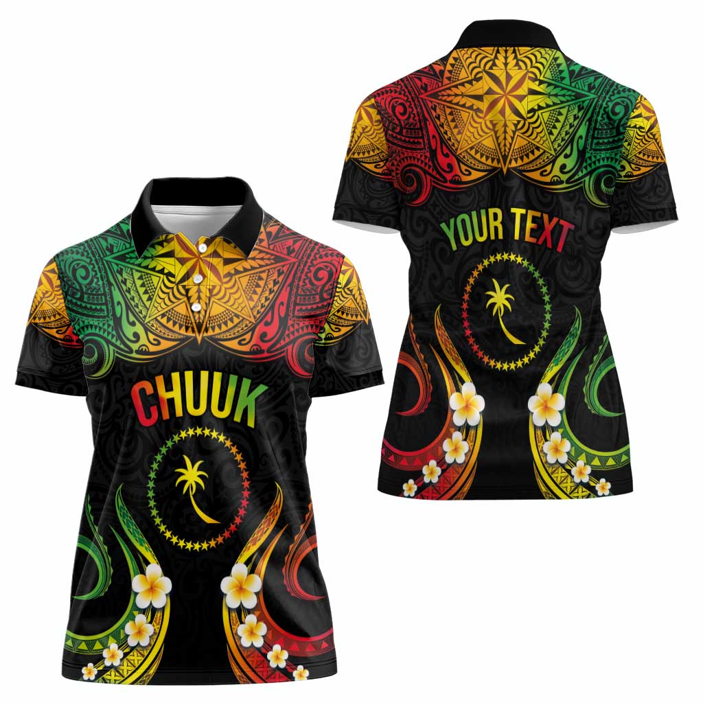 Personalised Chuuk Independence Day Women Polo Shirt Polynesian Tattoo and Plumeria Reggae Color