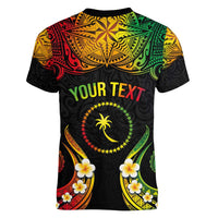 Personalised Chuuk Independence Day Women V-Neck T-Shirt Polynesian Tattoo and Plumeria Reggae Color