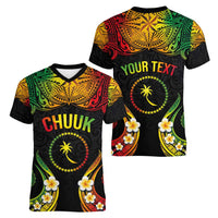 Personalised Chuuk Independence Day Women V-Neck T-Shirt Polynesian Tattoo and Plumeria Reggae Color