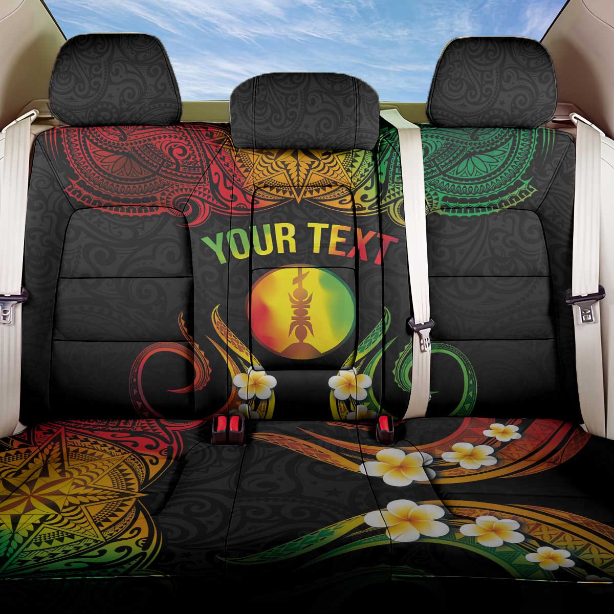 Personalised New Caledonia Independence Day Back Car Seat Cover Polynesian Tattoo and Plumeria Reggae Color