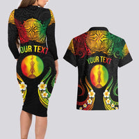 Personalised New Caledonia Independence Day Couples Matching Long Sleeve Bodycon Dress and Hawaiian Shirt Polynesian Tattoo and Plumeria Reggae Color