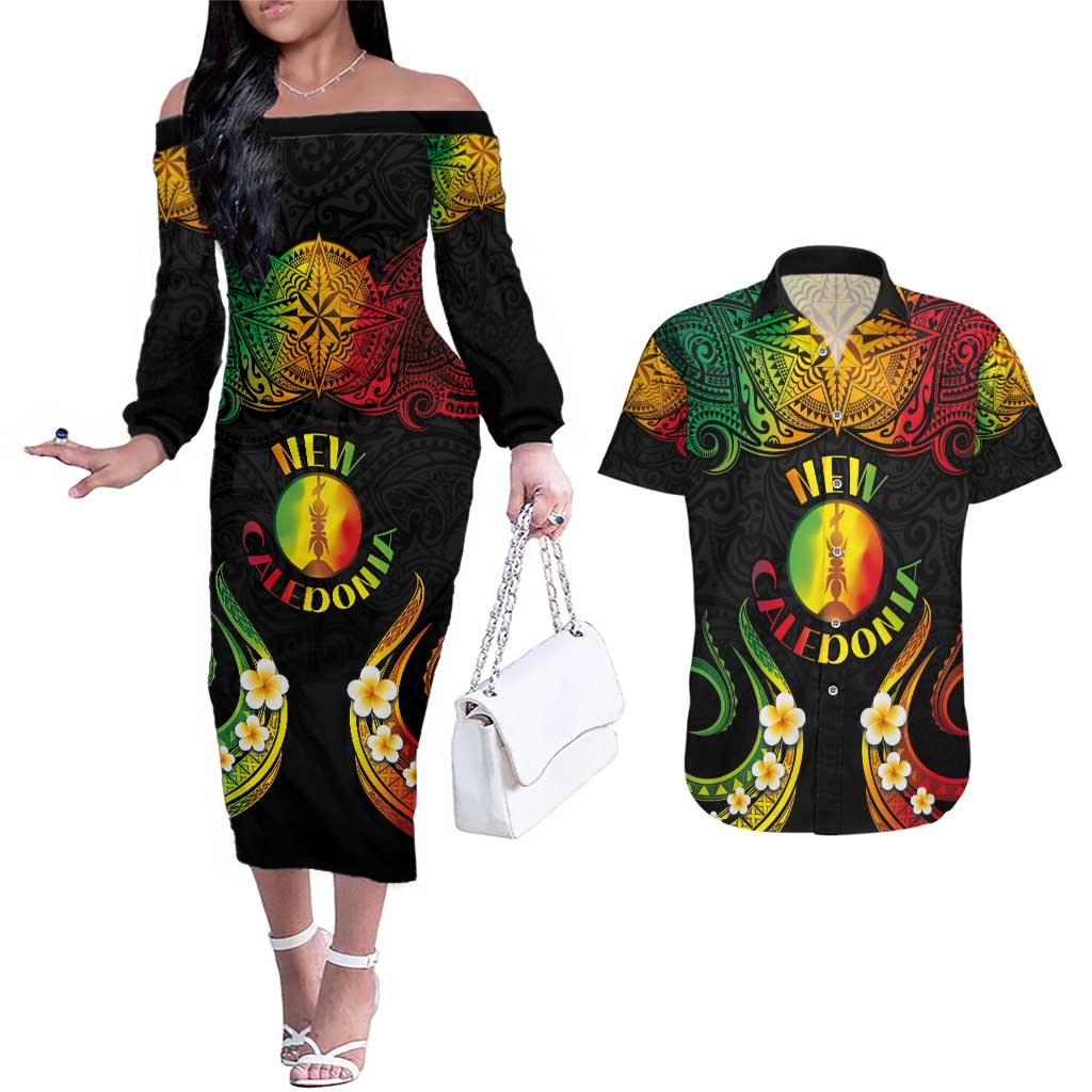 Personalised New Caledonia Independence Day Couples Matching Off The Shoulder Long Sleeve Dress and Hawaiian Shirt Polynesian Tattoo and Plumeria Reggae Color