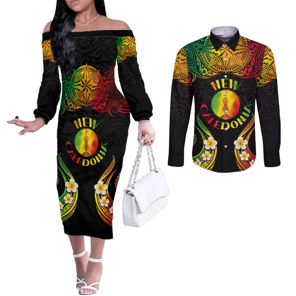 Personalised New Caledonia Independence Day Couples Matching Off The Shoulder Long Sleeve Dress and Long Sleeve Button Shirt Polynesian Tattoo and Plumeria Reggae Color LT03 Reggae - Polynesian Pride