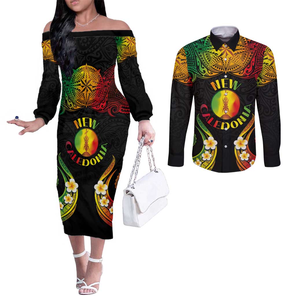 Personalised New Caledonia Independence Day Couples Matching Off The Shoulder Long Sleeve Dress and Long Sleeve Button Shirt Polynesian Tattoo and Plumeria Reggae Color