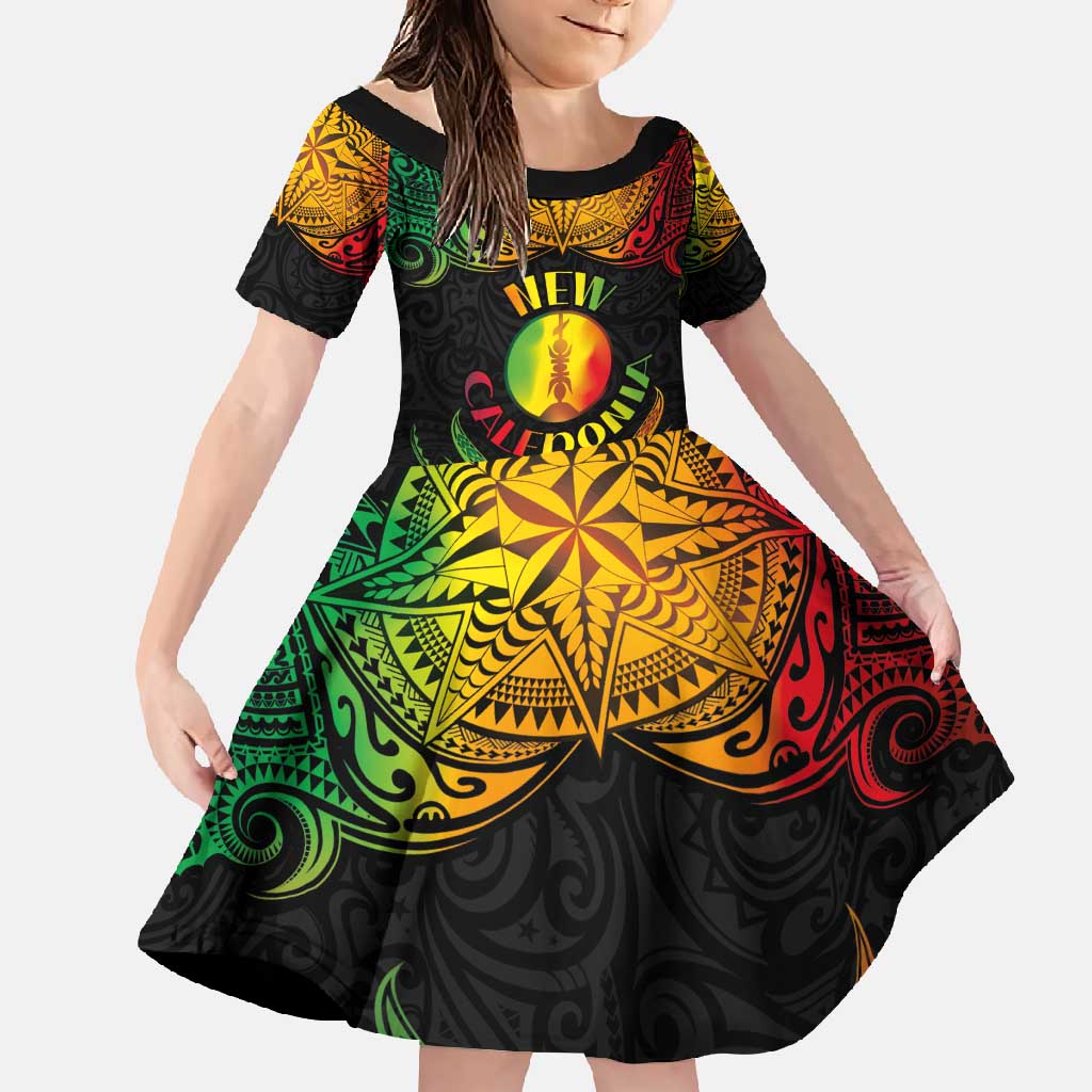 Personalised New Caledonia Independence Day Family Matching Off Shoulder Maxi Dress and Hawaiian Shirt Polynesian Tattoo and Plumeria Reggae Color LT03 Daughter's Dress Reggae - Polynesian Pride