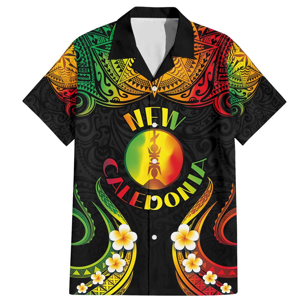 Personalised New Caledonia Independence Day Family Matching Off Shoulder Maxi Dress and Hawaiian Shirt Polynesian Tattoo and Plumeria Reggae Color LT03 Dad's Shirt - Short Sleeve Reggae - Polynesian Pride