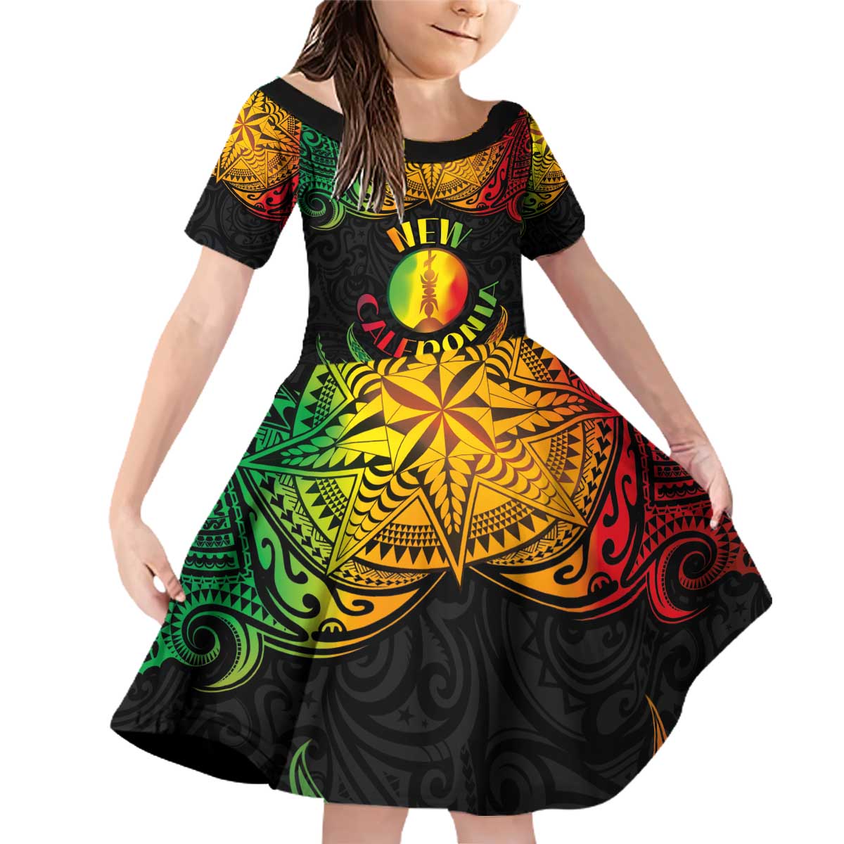 Personalised New Caledonia Independence Day Family Matching Off Shoulder Short Dress and Hawaiian Shirt Polynesian Tattoo and Plumeria Reggae Color LT03 Daughter's Dress Reggae - Polynesian Pride