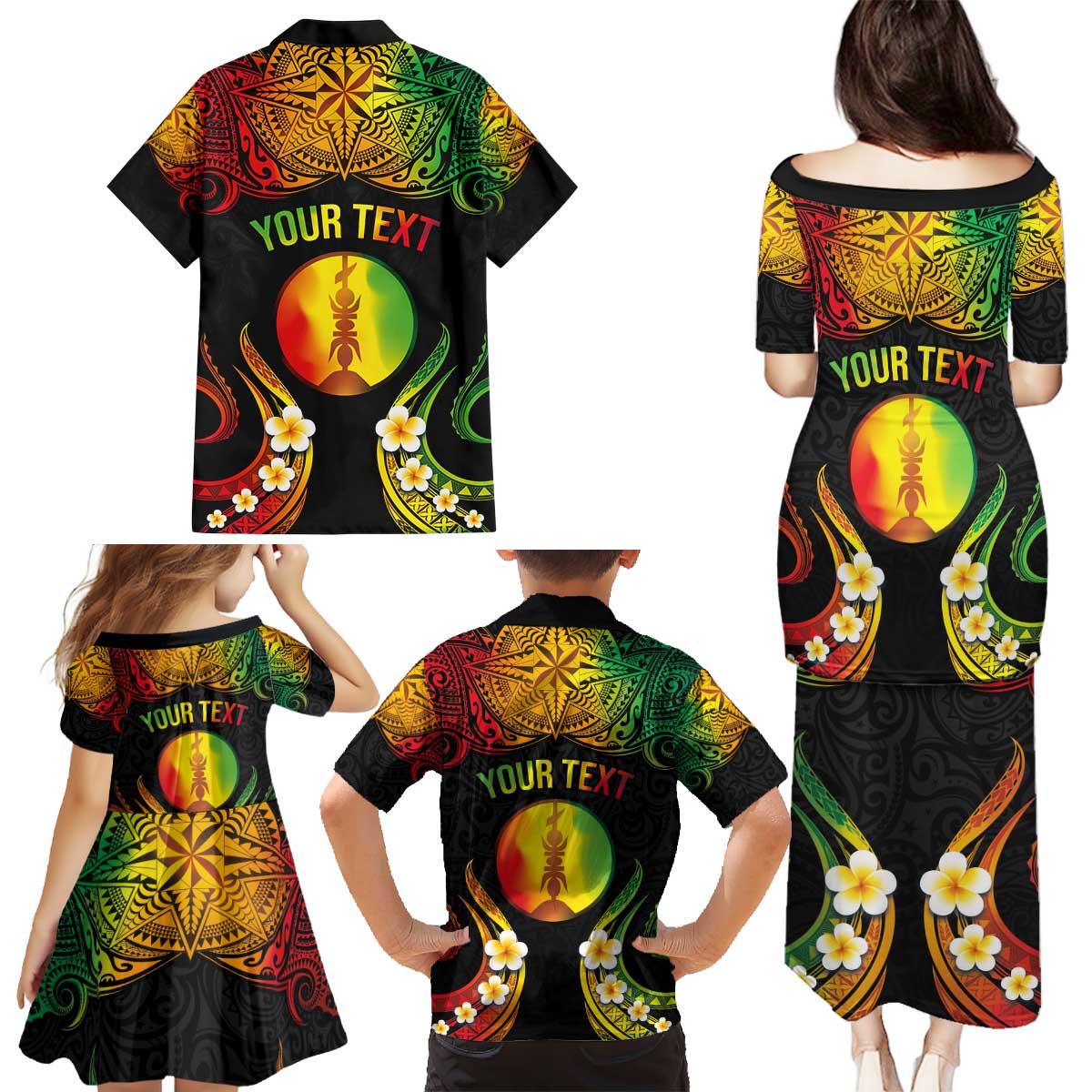 Personalised New Caledonia Independence Day Family Matching Puletasi and Hawaiian Shirt Polynesian Tattoo and Plumeria Reggae Color LT03 - Polynesian Pride