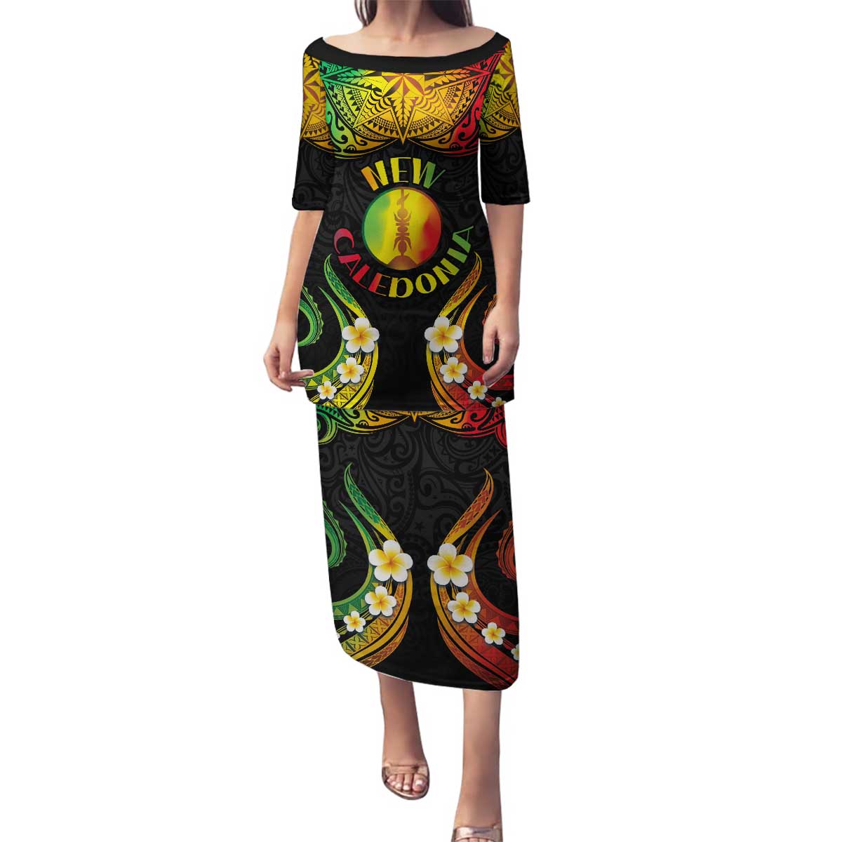 Personalised New Caledonia Independence Day Family Matching Puletasi and Hawaiian Shirt Polynesian Tattoo and Plumeria Reggae Color LT03 Mom's Dress Reggae - Polynesian Pride