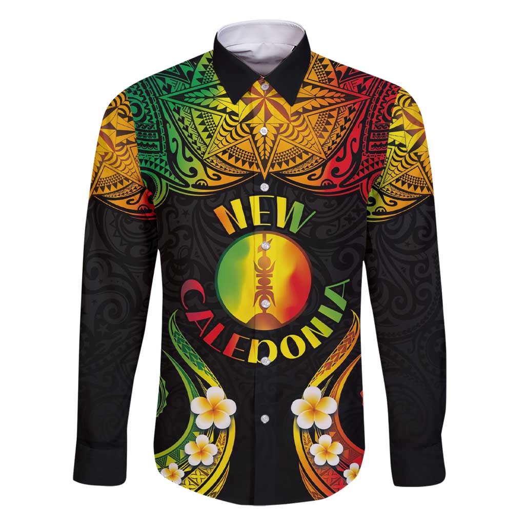Personalised New Caledonia Independence Day Family Matching Short Sleeve Bodycon Dress and Hawaiian Shirt Polynesian Tattoo and Plumeria Reggae Color LT03 Dad's Shirt - Long Sleeve Reggae - Polynesian Pride
