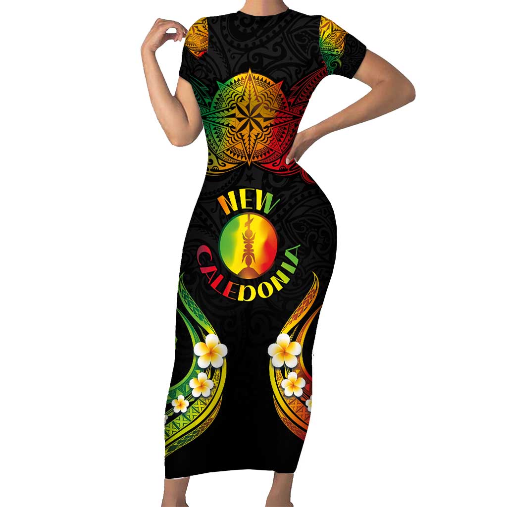 Personalised New Caledonia Independence Day Family Matching Short Sleeve Bodycon Dress and Hawaiian Shirt Polynesian Tattoo and Plumeria Reggae Color LT03 Mom's Dress Reggae - Polynesian Pride