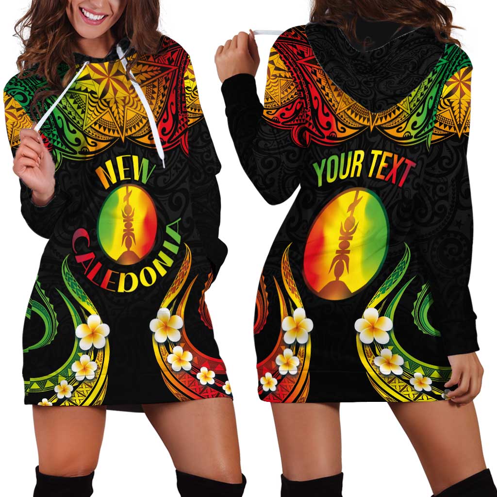 Personalised New Caledonia Independence Day Hoodie Dress Polynesian Tattoo and Plumeria Reggae Color