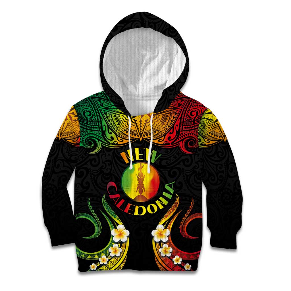 Personalised New Caledonia Independence Day Kid Hoodie Polynesian Tattoo and Plumeria Reggae Color