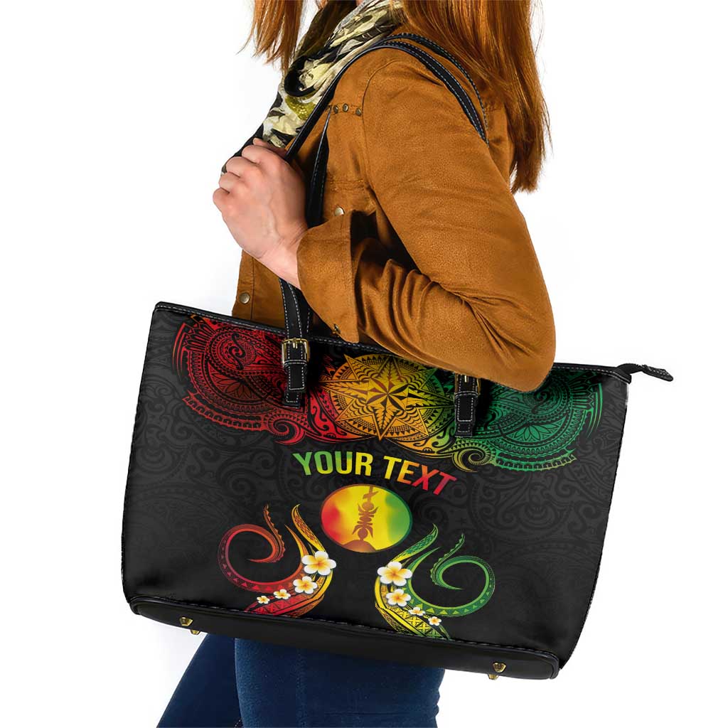 Personalised New Caledonia Independence Day Leather Tote Bag Polynesian Tattoo and Plumeria Reggae Color