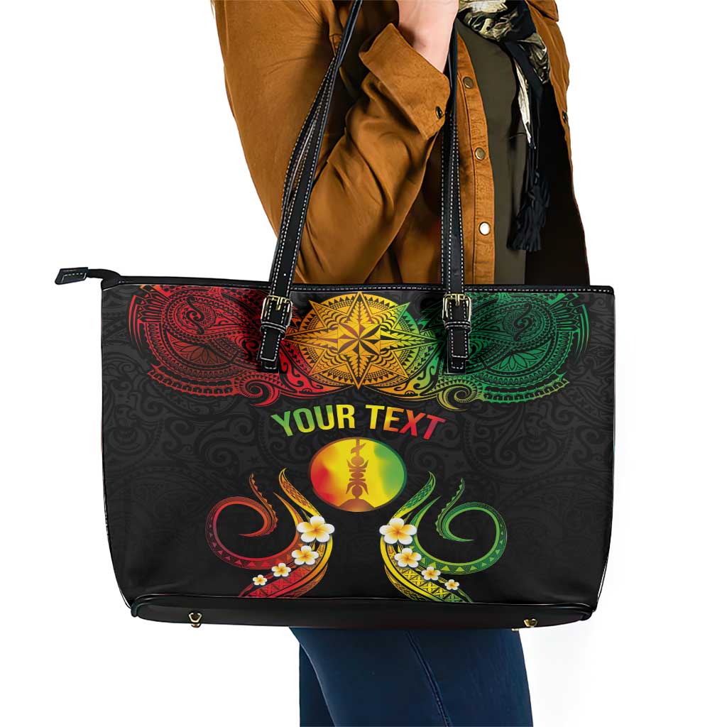 Personalised New Caledonia Independence Day Leather Tote Bag Polynesian Tattoo and Plumeria Reggae Color LT03 - Polynesian Pride