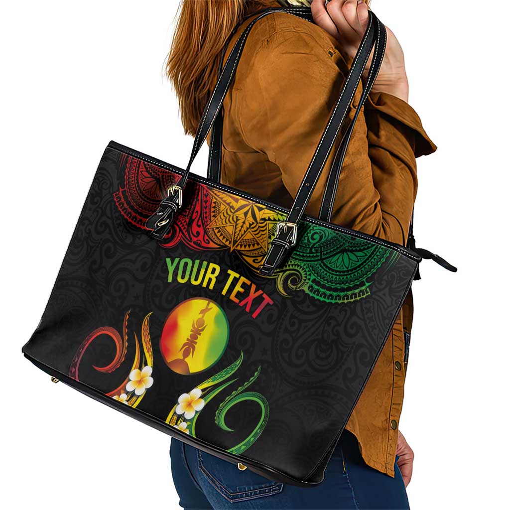 Personalised New Caledonia Independence Day Leather Tote Bag Polynesian Tattoo and Plumeria Reggae Color LT03 - Polynesian Pride