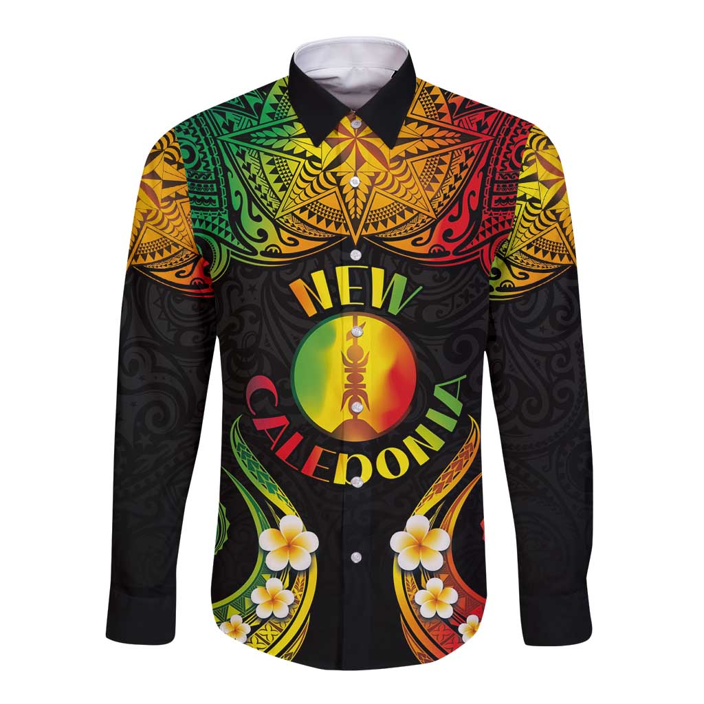Personalised New Caledonia Independence Day Long Sleeve Button Shirt Polynesian Tattoo and Plumeria Reggae Color LT03 Unisex Reggae - Polynesian Pride