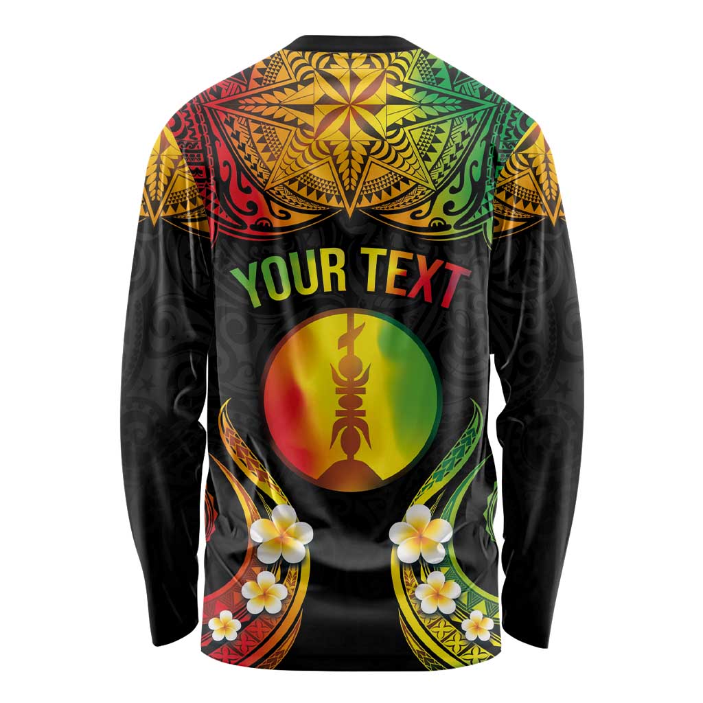Personalised New Caledonia Independence Day Long Sleeve Shirt Polynesian Tattoo and Plumeria Reggae Color