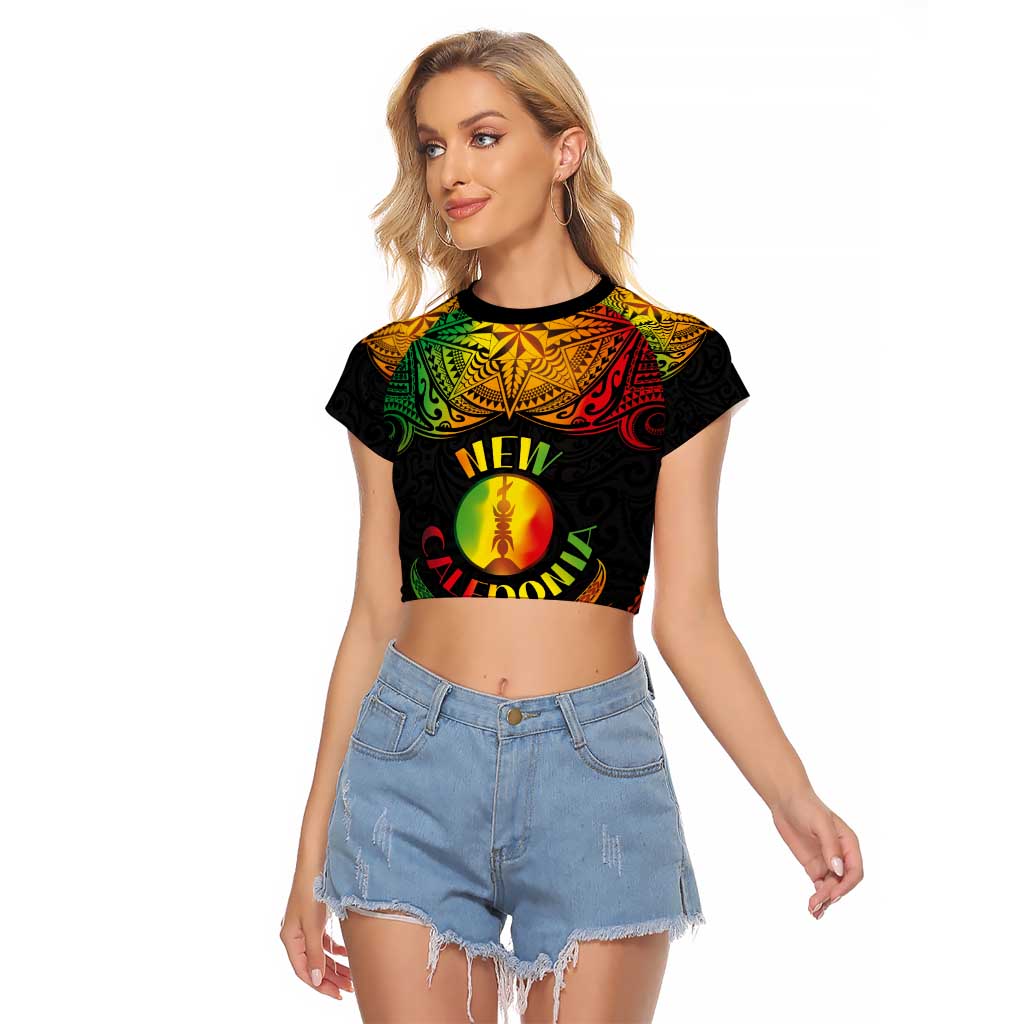Personalised New Caledonia Independence Day Raglan Cropped T Shirt Polynesian Tattoo and Plumeria Reggae Color LT03 Female Reggae - Polynesian Pride