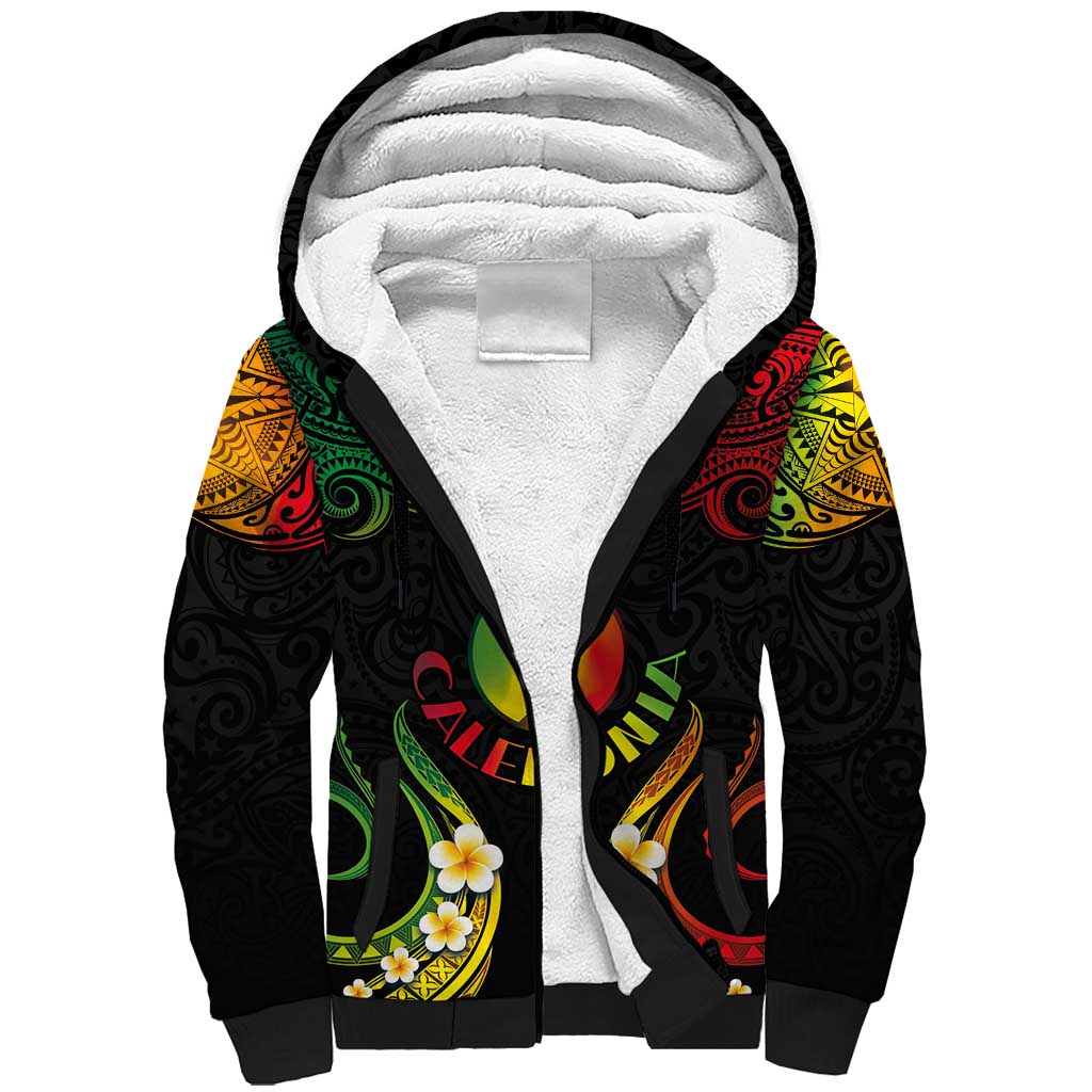 Personalised New Caledonia Independence Day Sherpa Hoodie Polynesian Tattoo and Plumeria Reggae Color