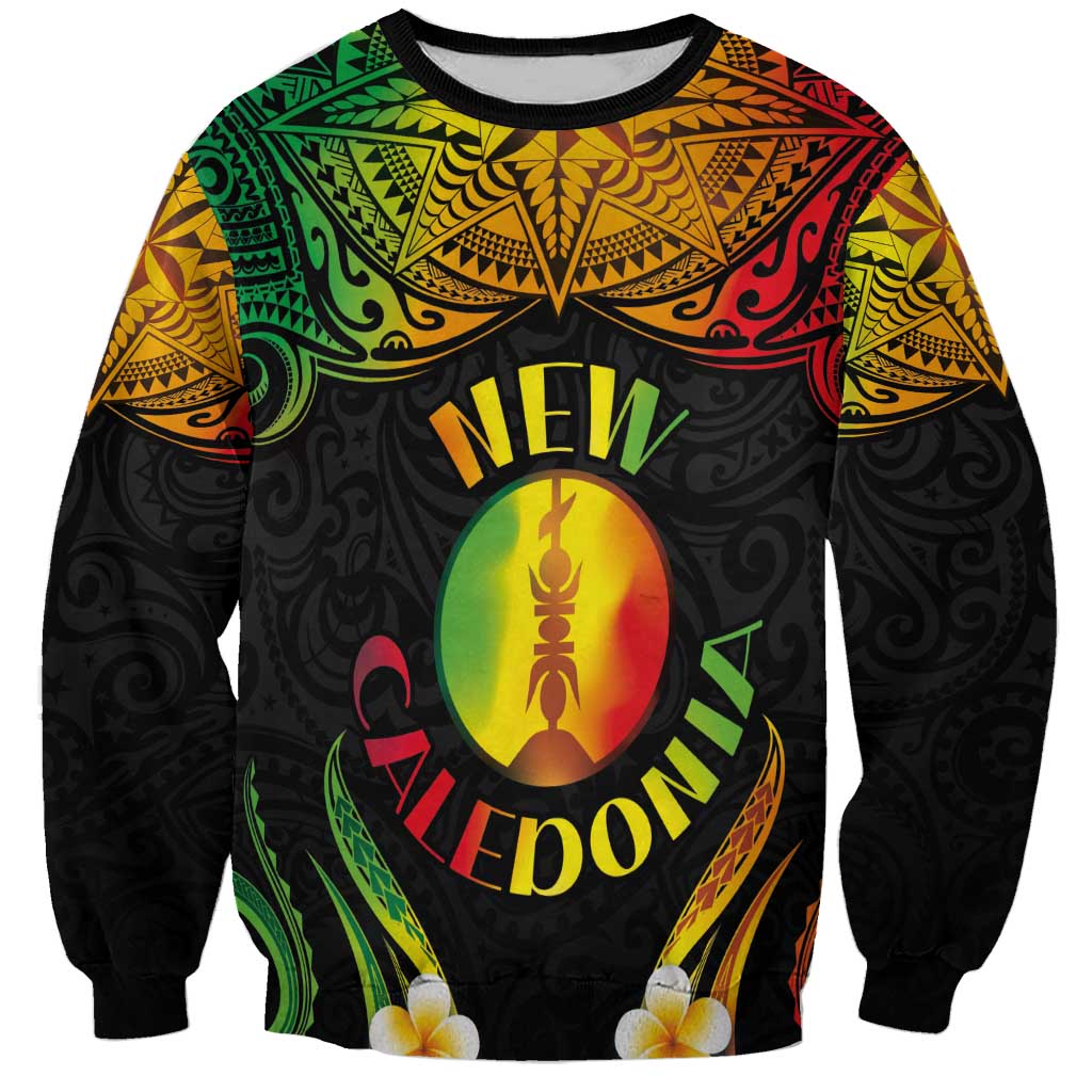 Personalised New Caledonia Independence Day Sweatshirt Polynesian Tattoo and Plumeria Reggae Color