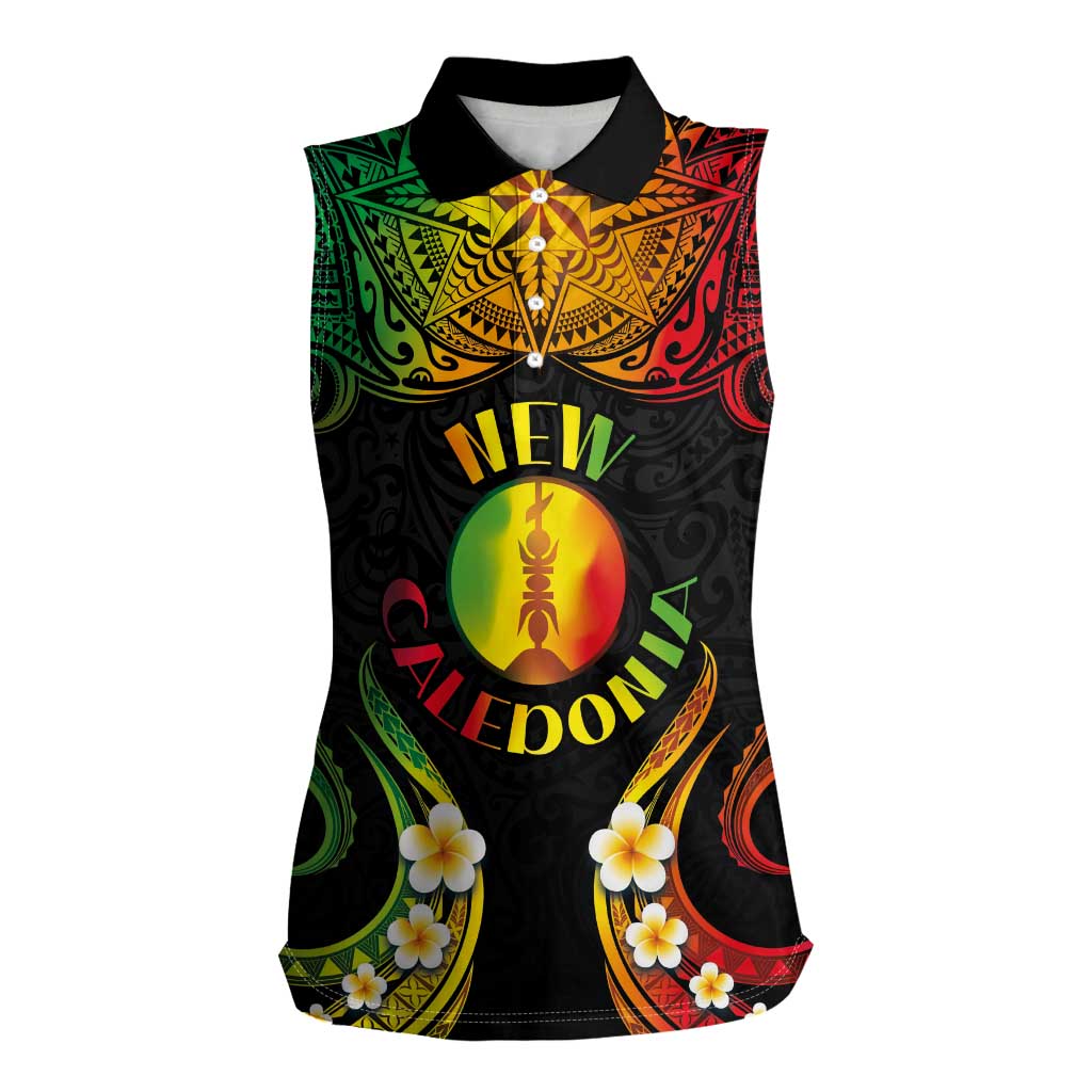 Personalised New Caledonia Independence Day Women Sleeveless Polo Shirt Polynesian Tattoo and Plumeria Reggae Color LT03 Female Reggae - Polynesian Pride