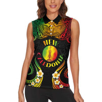 Personalised New Caledonia Independence Day Women Sleeveless Polo Shirt Polynesian Tattoo and Plumeria Reggae Color LT03 - Polynesian Pride