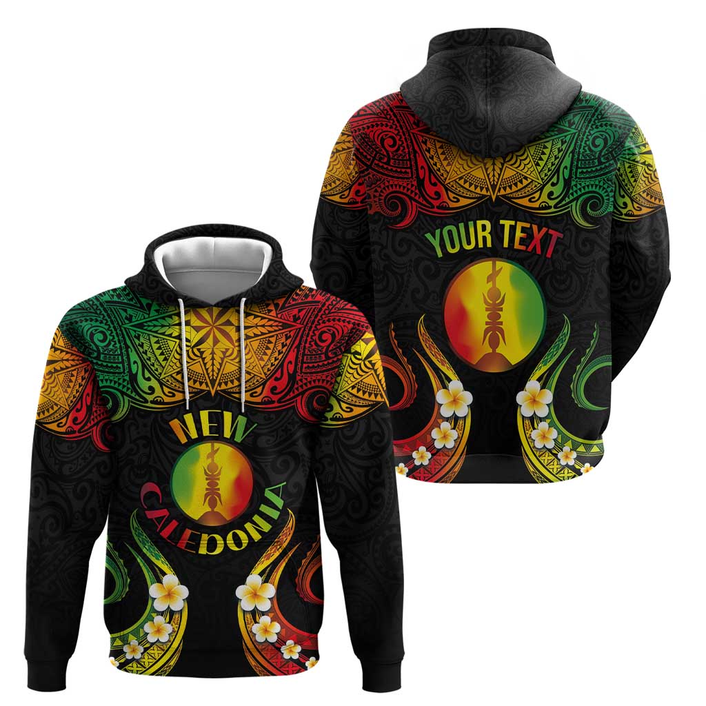 Personalised New Caledonia Independence Day Zip Hoodie Polynesian Tattoo and Plumeria Reggae Color