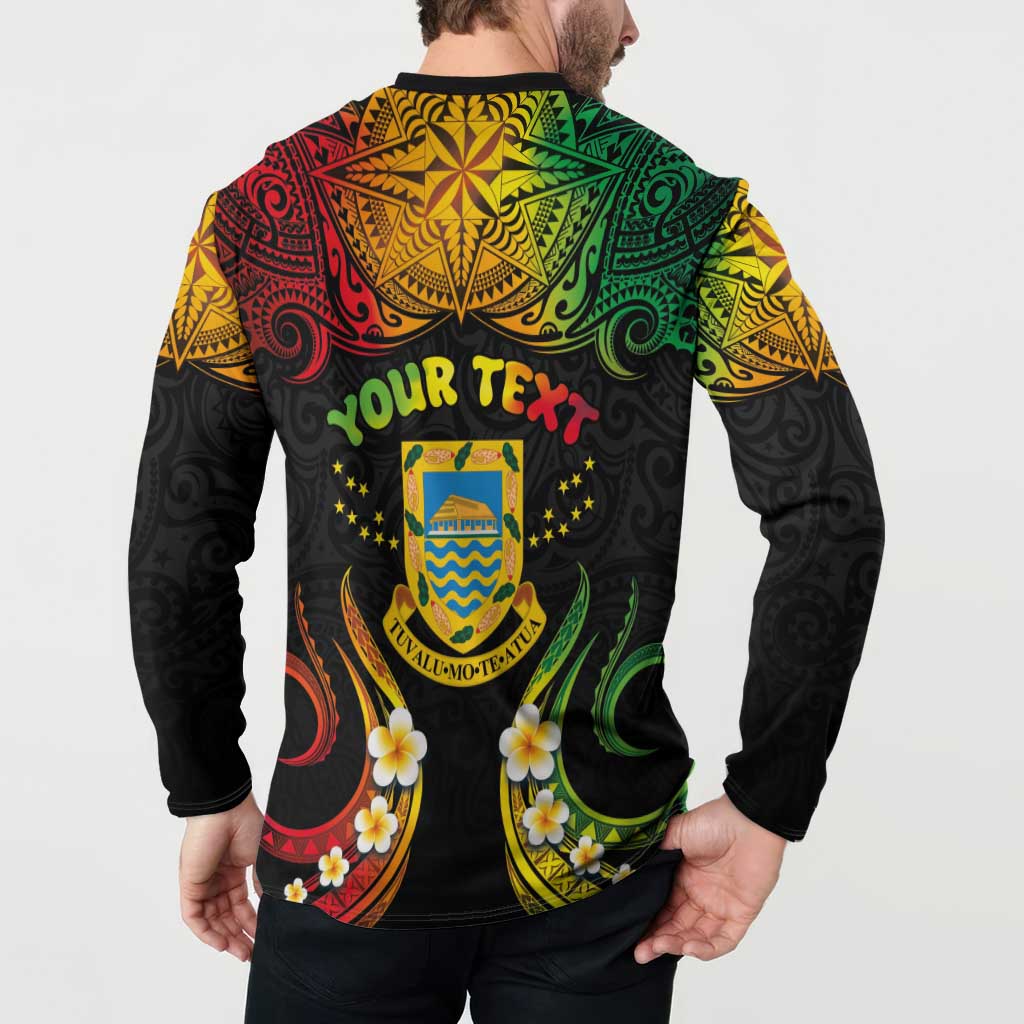 Personalised Tuvalu Independence Day Button Sweatshirt Polynesian Tattoo and Plumeria Reggae Color