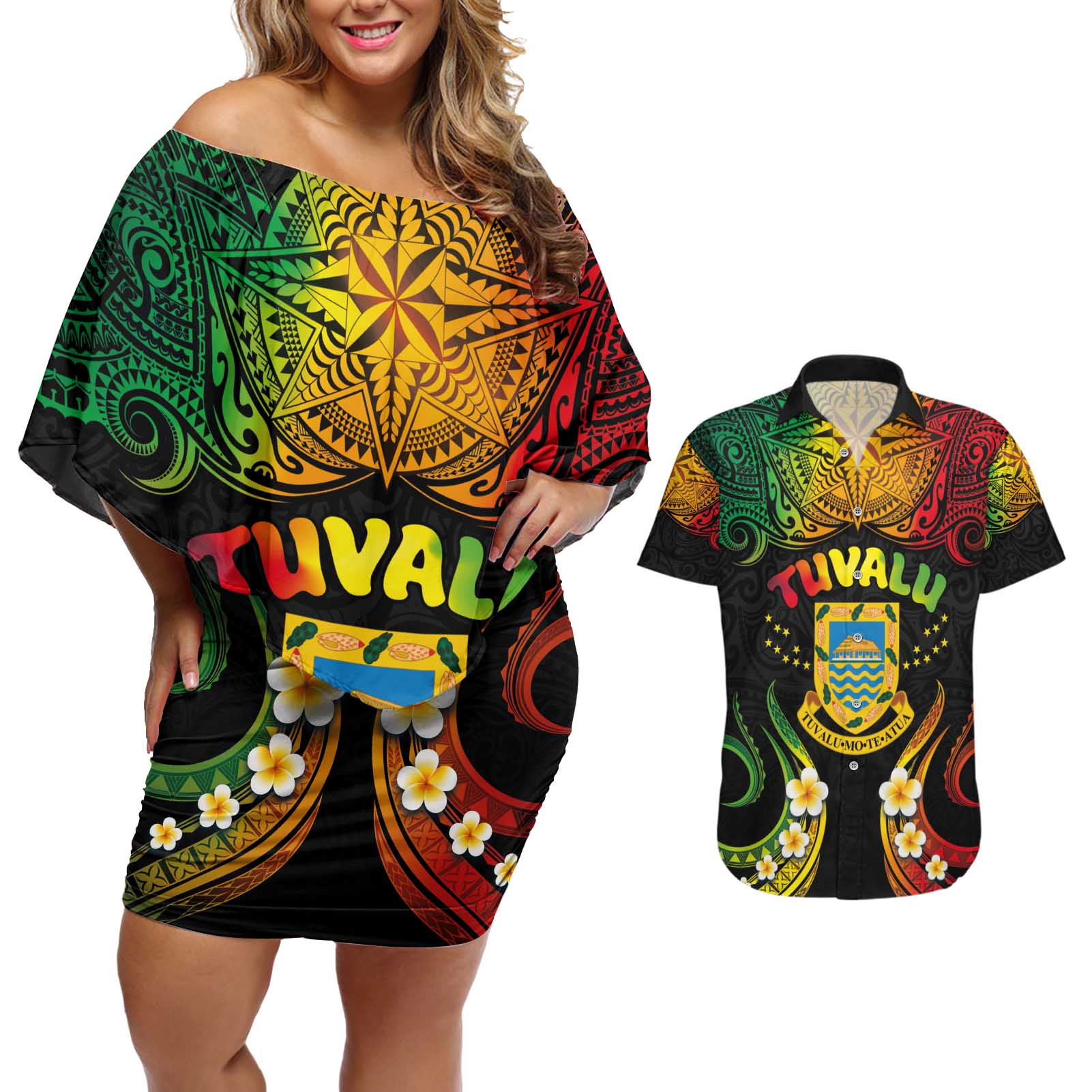 Personalised Tuvalu Independence Day Couples Matching Off Shoulder Short Dress and Hawaiian Shirt Polynesian Tattoo and Plumeria Reggae Color