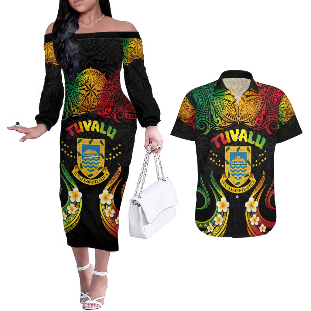 Personalised Tuvalu Independence Day Couples Matching Off The Shoulder Long Sleeve Dress and Hawaiian Shirt Polynesian Tattoo and Plumeria Reggae Color