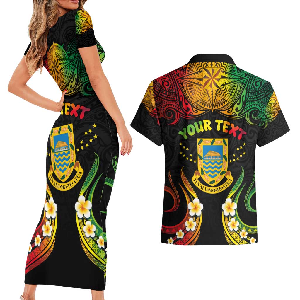Personalised Tuvalu Independence Day Couples Matching Short Sleeve Bodycon Dress and Hawaiian Shirt Polynesian Tattoo and Plumeria Reggae Color
