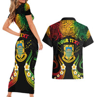 Personalised Tuvalu Independence Day Couples Matching Short Sleeve Bodycon Dress and Hawaiian Shirt Polynesian Tattoo and Plumeria Reggae Color