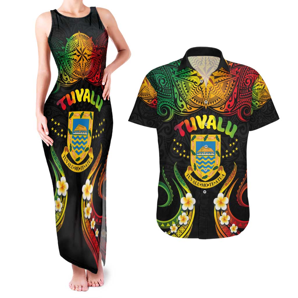 Personalised Tuvalu Independence Day Couples Matching Tank Maxi Dress and Hawaiian Shirt Polynesian Tattoo and Plumeria Reggae Color