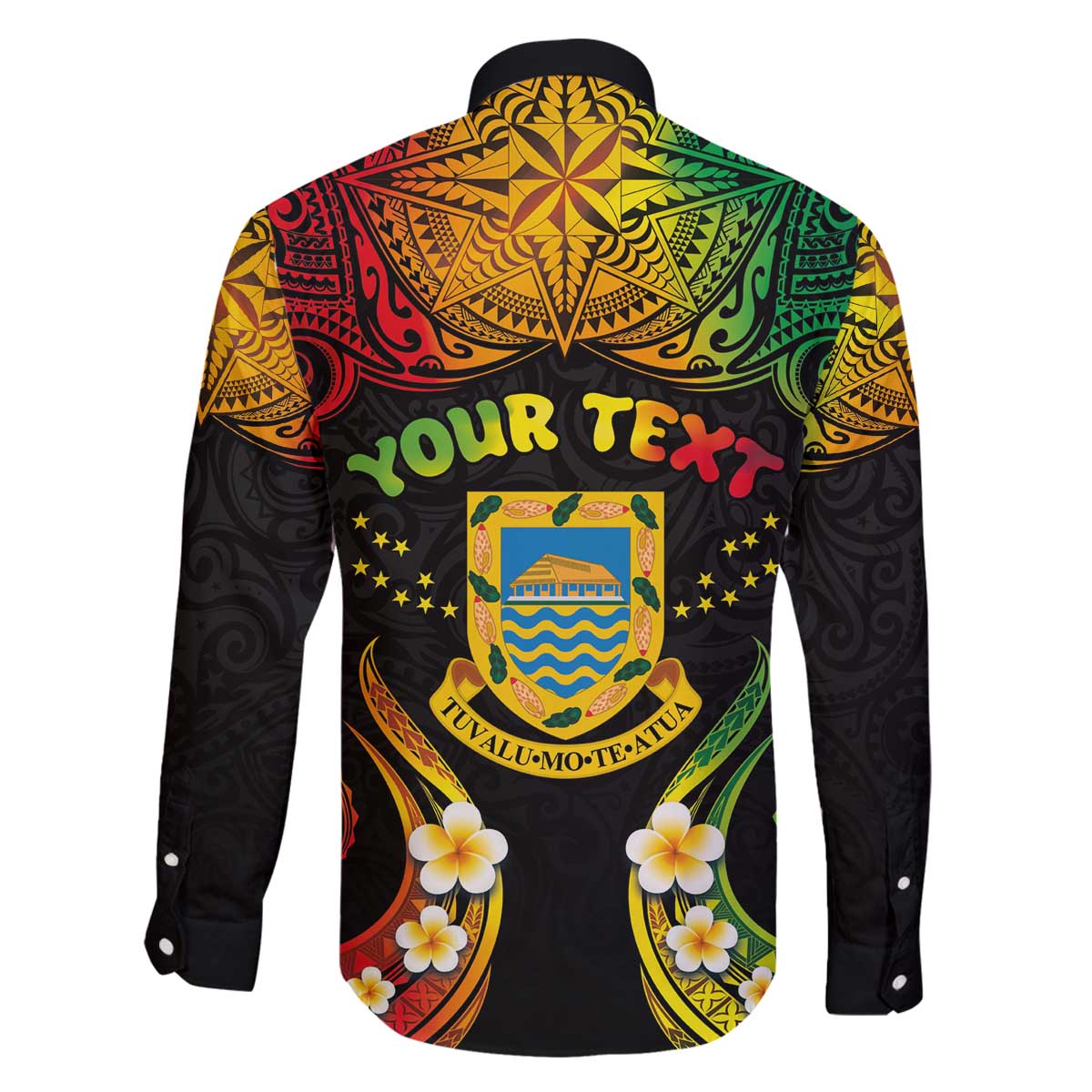 Personalised Tuvalu Independence Day Family Matching Off The Shoulder Long Sleeve Dress and Hawaiian Shirt Polynesian Tattoo and Plumeria Reggae Color