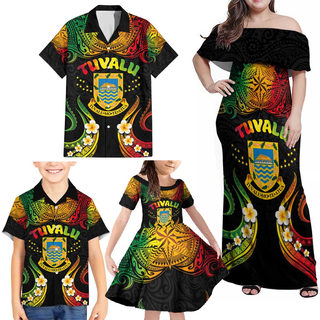 Personalised Tuvalu Independence Day Family Matching Off Shoulder Maxi Dress and Hawaiian Shirt Polynesian Tattoo and Plumeria Reggae Color