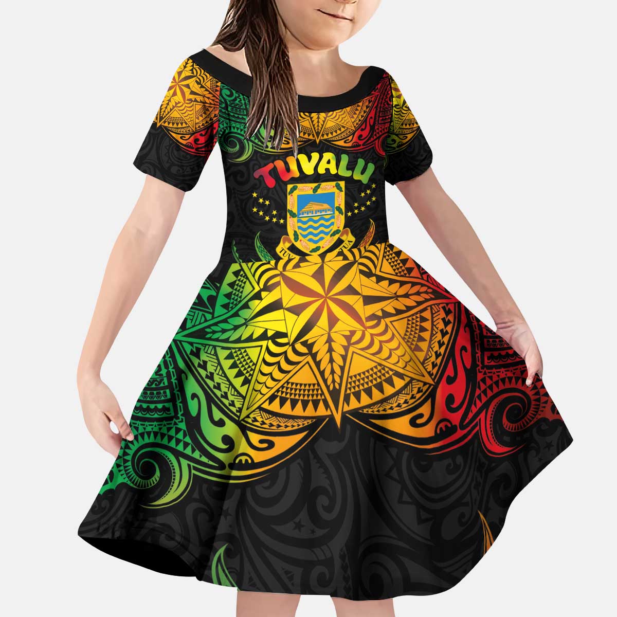 Personalised Tuvalu Independence Day Kid Short Sleeve Dress Polynesian Tattoo and Plumeria Reggae Color