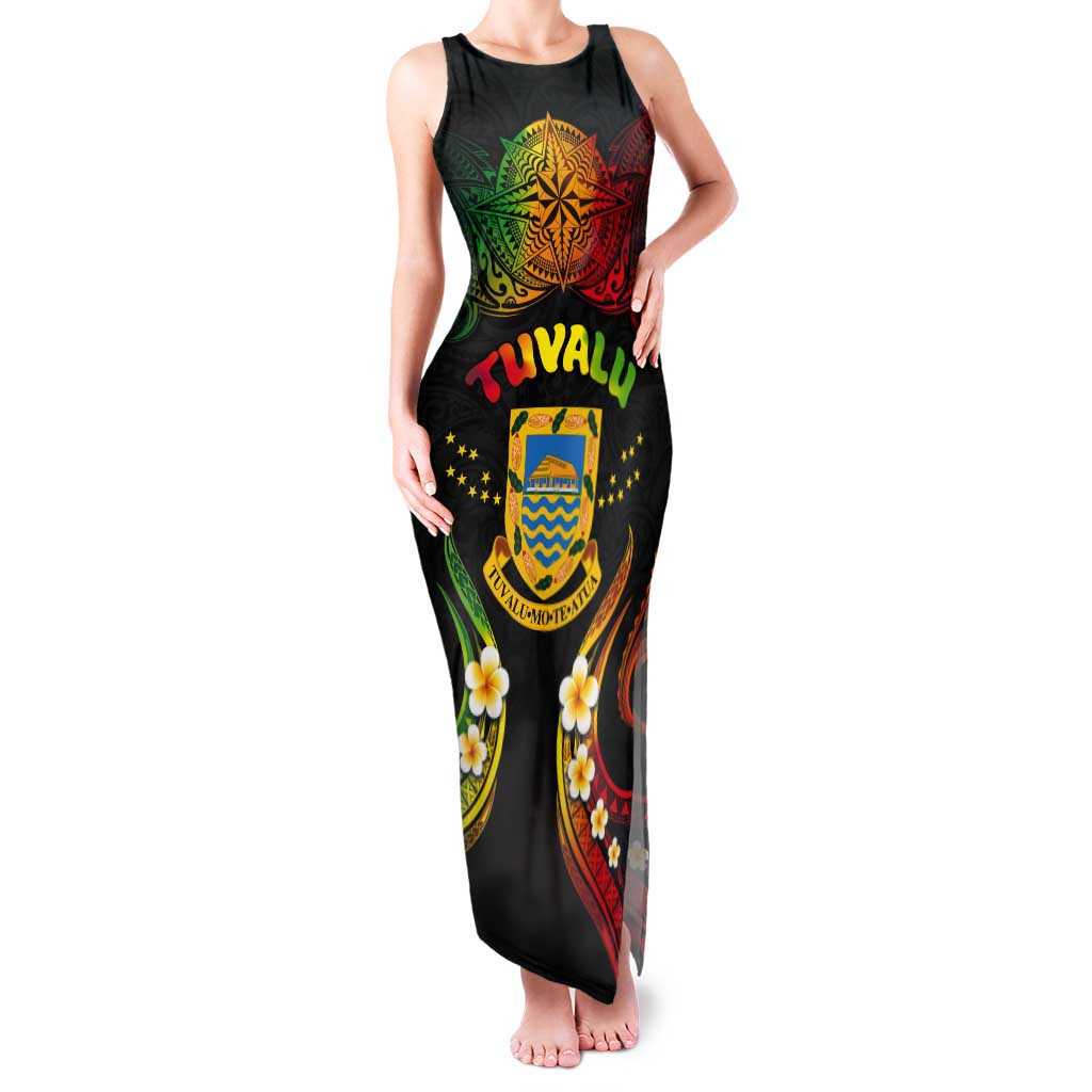 Personalised Tuvalu Independence Day Tank Maxi Dress Polynesian Tattoo and Plumeria Reggae Color