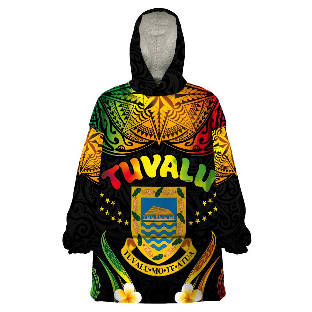 Personalised Tuvalu Independence Day Wearable Blanket Hoodie Polynesian Tattoo and Plumeria Reggae Color