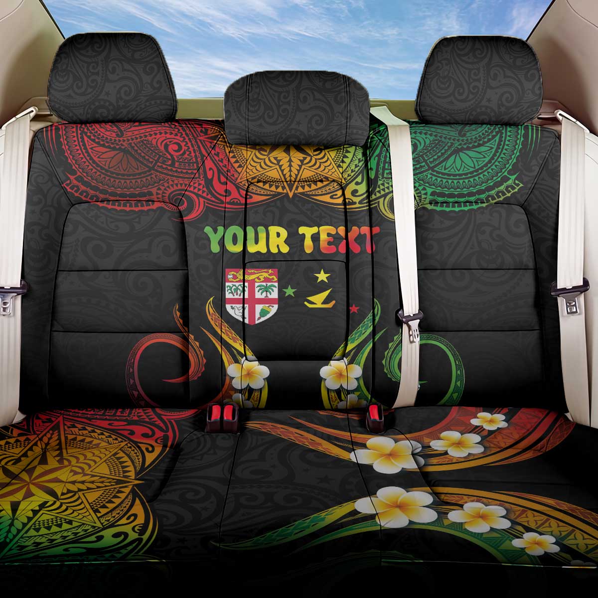 Personalised Malampa Fiji Day Back Car Seat Cover Polynesian Tattoo and Plumeria Reggae Color