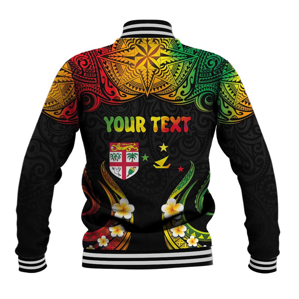 Personalised Malampa Fiji Day Baseball Jacket Polynesian Tattoo and Plumeria Reggae Color