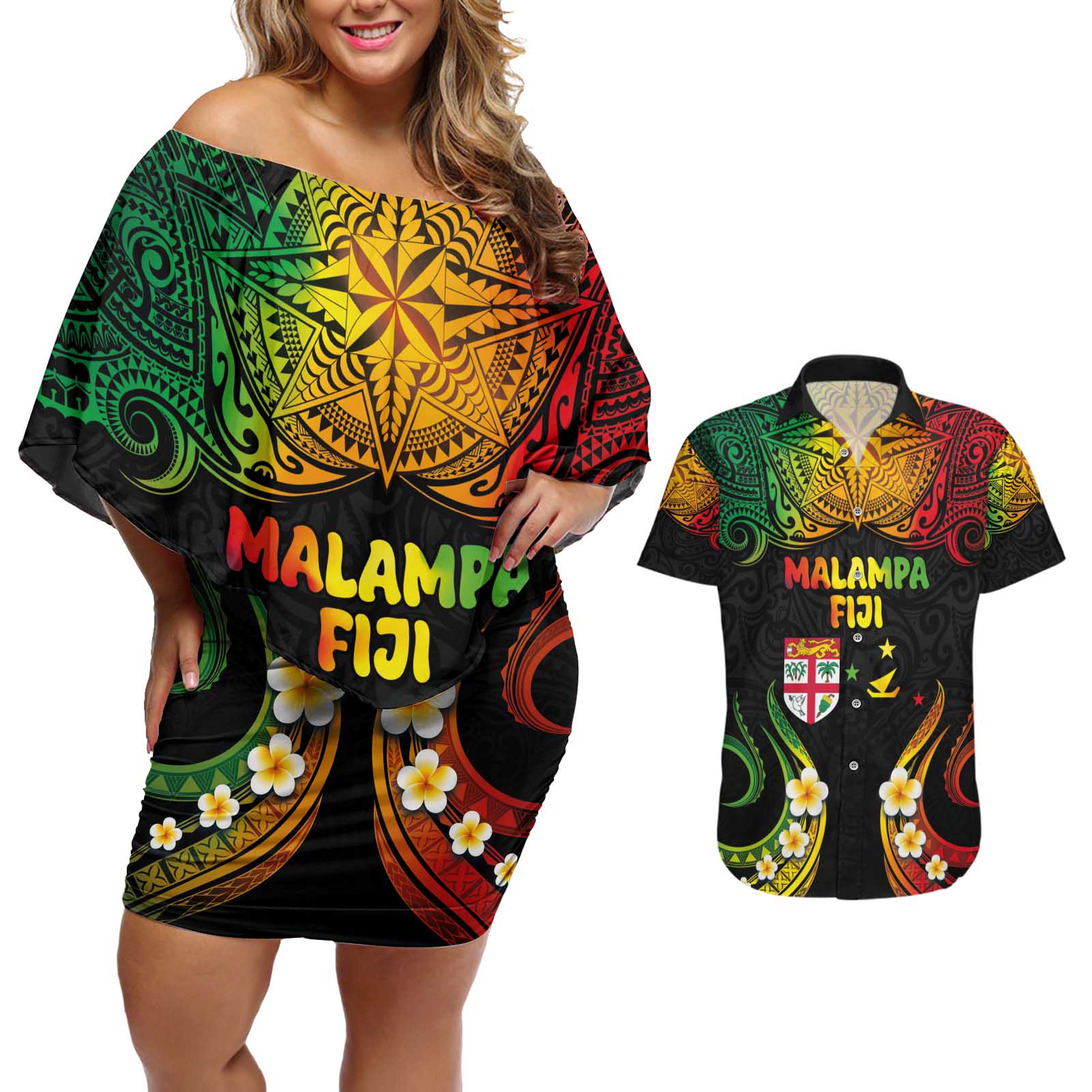 Personalised Malampa Fiji Day Couples Matching Off Shoulder Short Dress and Hawaiian Shirt Polynesian Tattoo and Plumeria Reggae Color